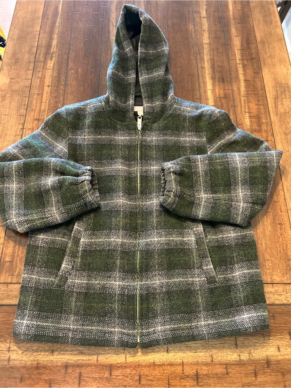 J.Crew Green Plaid Wool Blend Hooded Full Zip Jacket Quilted Lined-M